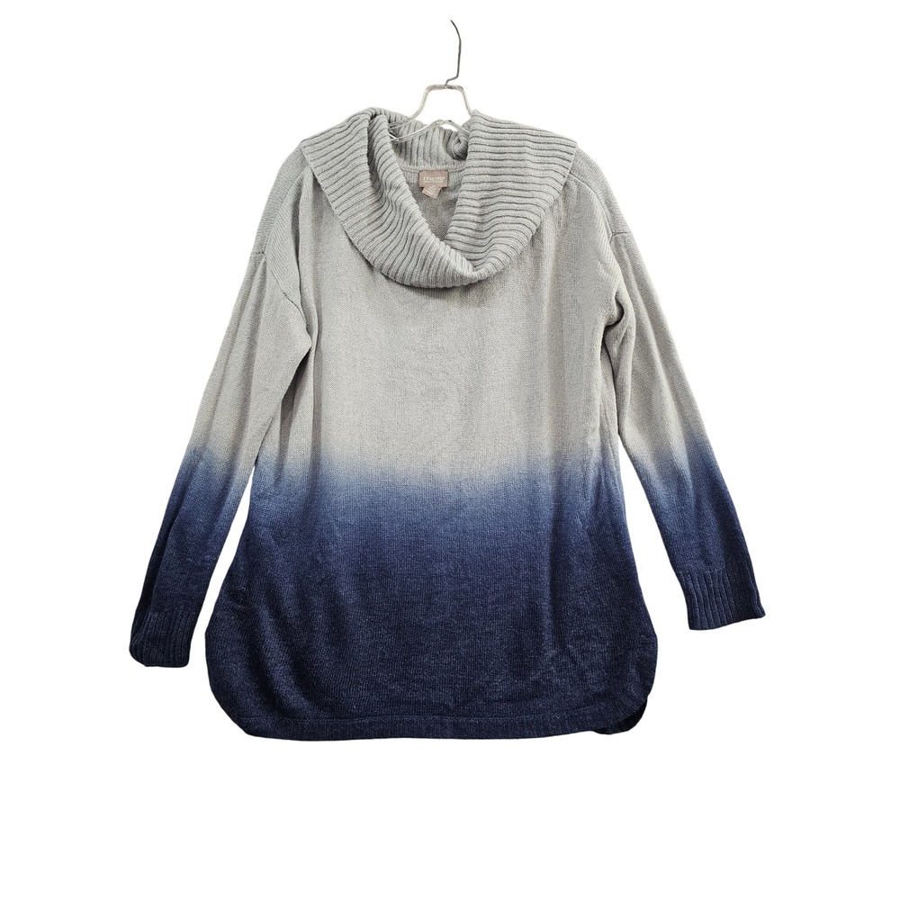 Chico's Cowl Neck Sweater Women 2 Large Gray Blue Ombre Dip Dye Knit Pullover